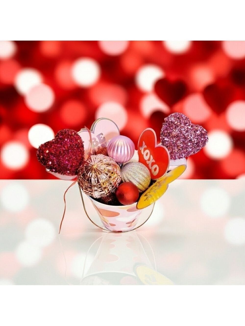 Hand Crafted Valentine's Day Bucket Table Art Decor